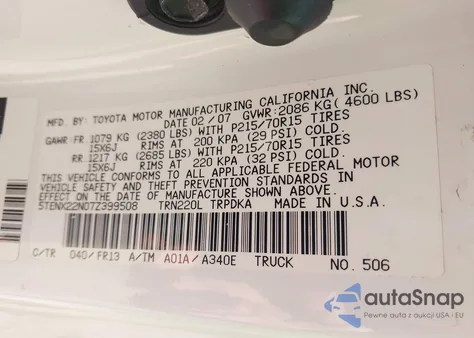 2007 Toyota Tacoma z USA, uszkodzony, nr VIN 5TENX22N07Z399508